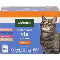 Welkoop Welkoop Pouch Brokjes in Saus - Kattenvoer - 12x85 gram - Vis - 1,02 kg aanbieding