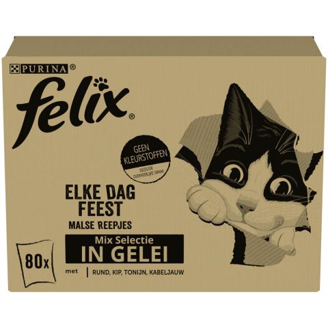 Felix Elke Dag Feest Mix Selectie in Gelei - Kattenvoer - 80x85 gram - Rund - Tonijn - 6,8 kg