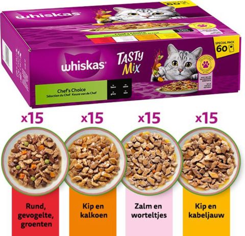 Whiskas Tasty Mix Chef's Choice - Kattenvoer - 60x85 gram - Rund - Kip - 5,1 kg