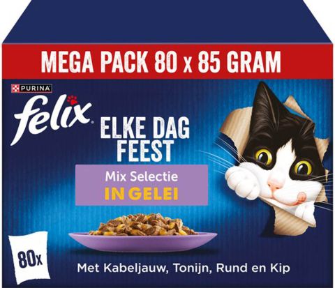 Felix Elke Dag Feest Mix Selectie in Gelei - Kattenvoer - 80x85 gram - Rund - Tonijn - 6,8 kg