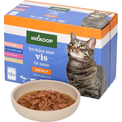 Welkoop Pouch Brokjes in Saus - Kattenvoer - 12x85 gram - Vis - 1,02 kg