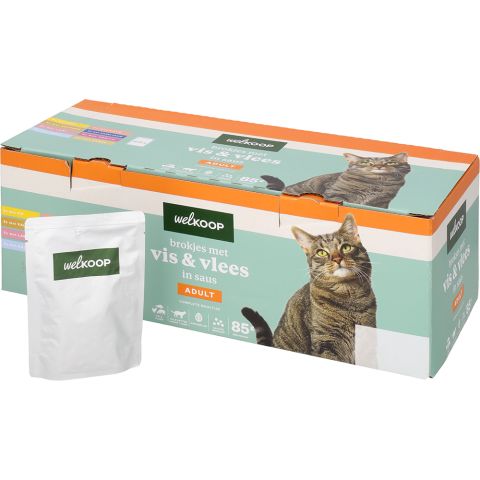 Welkoop Pouch Brokjes in Saus - Kattenvoer - 40x85 gram - Vlees - Vis - 3,4 kg