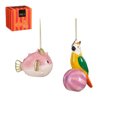 Mica Decorations Papegaai en Vis - Kerstornament - Roze