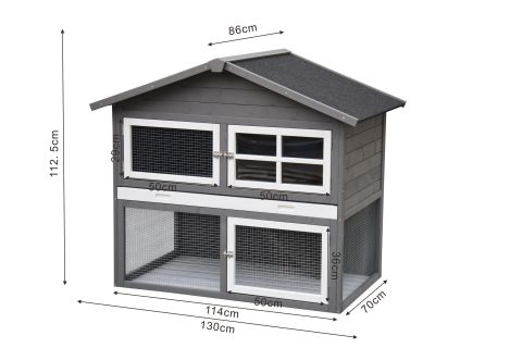 Konijnenhok Dallas - 130x86x112,5 cm - White wash/Grijs